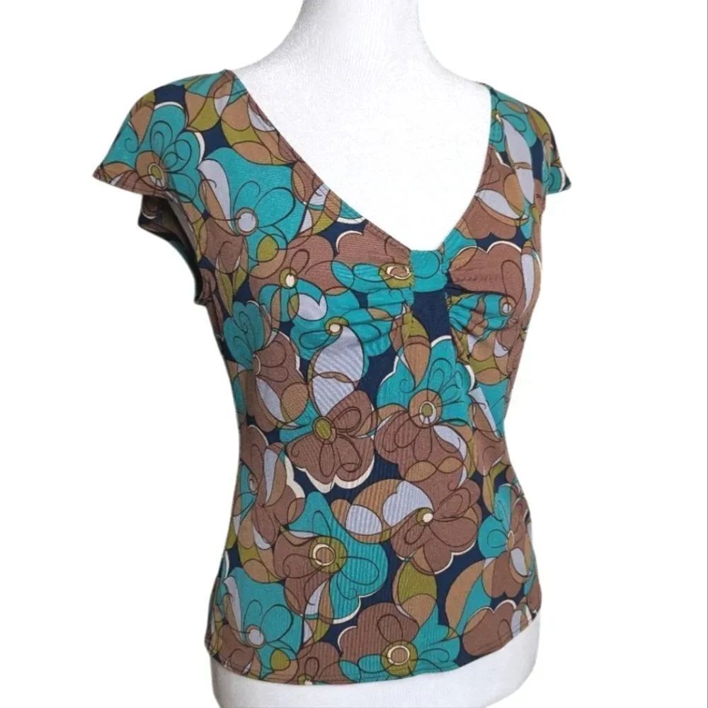 Vintage Max Studio Slinky Brown & Teal Mod Floral V-Neck Cap Sleeve Top S